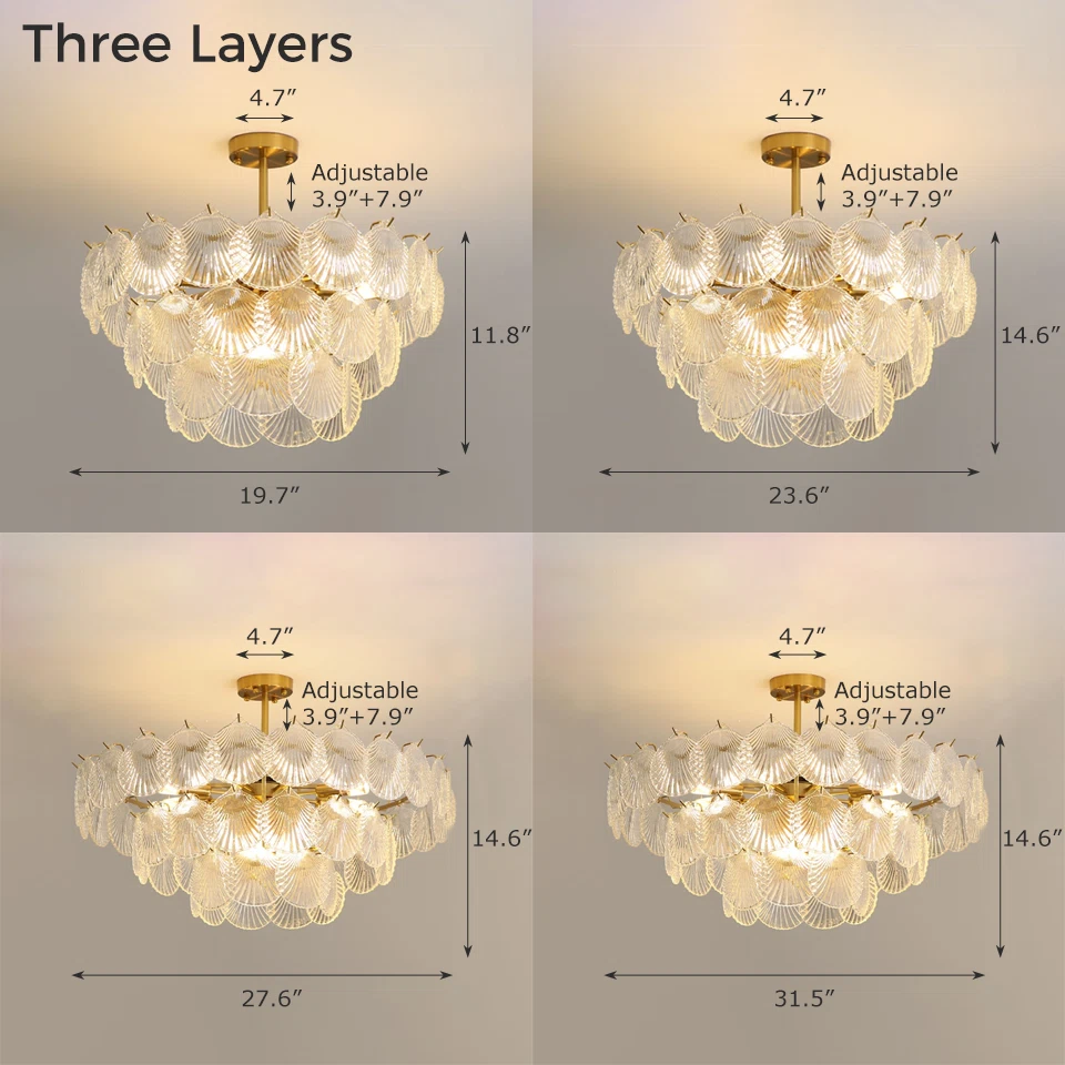 Three Layers Clear Glass Modern Crystal Seashells LED Pendant Light Dimensions.