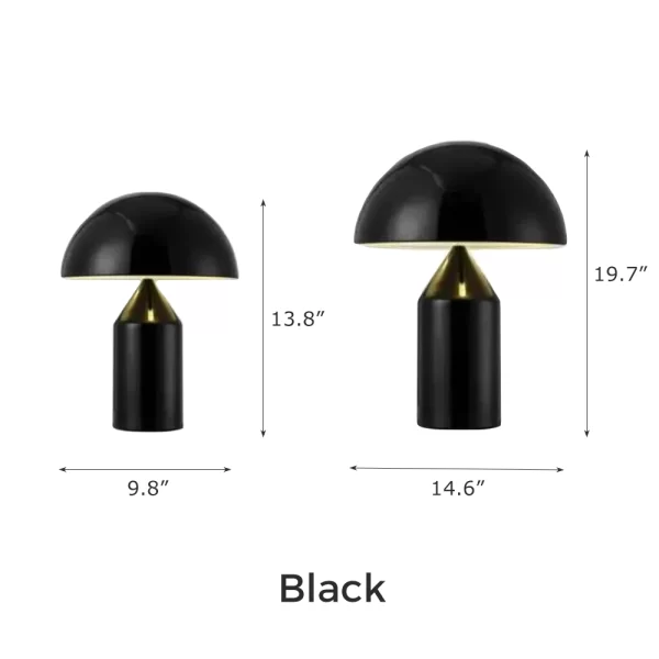 Black Color Modern Mushroom LED Table Lamp Dimensions(9.8"W × 13.8"H, 14.6"W × 19.7"H).