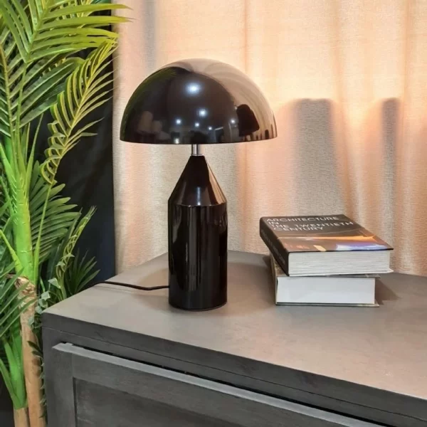 Black Color Modern Mushroom LED Table Lamp standing on the gray desk.