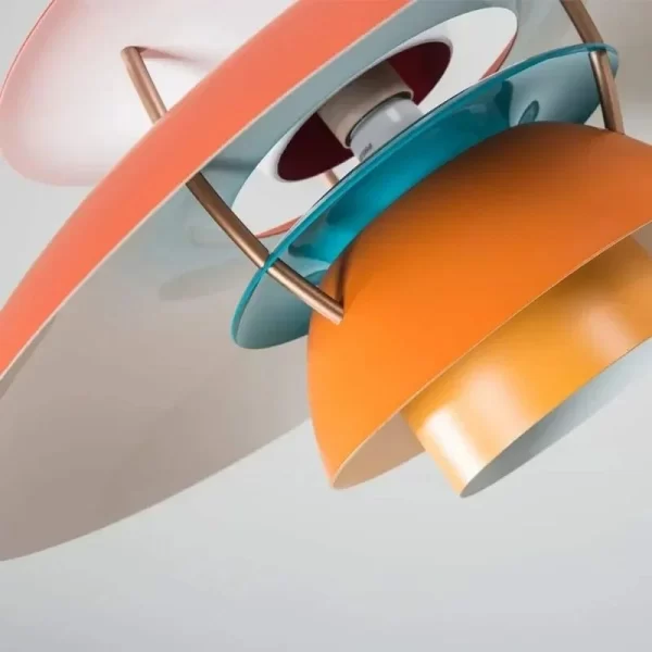 Close up of Danish Design Colorful Iron Pendant Light, showcased the iron lampshade.