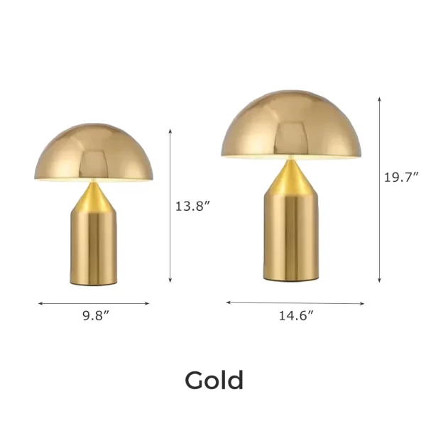 Gold Color Modern Mushroom LED Table Lamp Dimensions(9.8"W × 13.8"H, 14.6"W × 19.7"H).