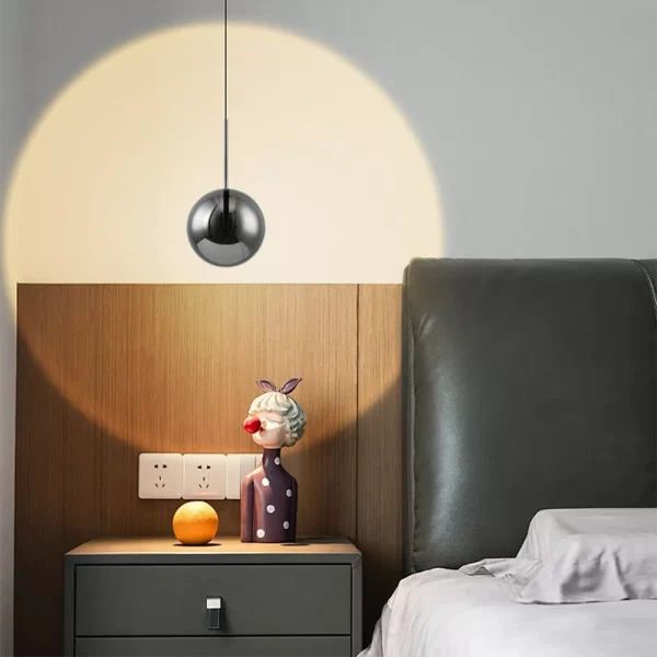 LED Glass Globe Pendant Light Fixture Bedroom Scene Display, Demonstrates the 90 degree lighting effect of the chandelier.