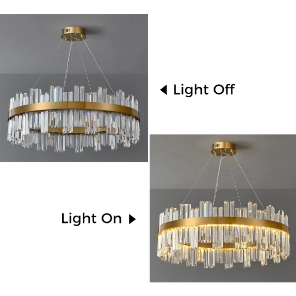 Modern Luxury Crystal Raindrop Chandelier light off and light on effects.